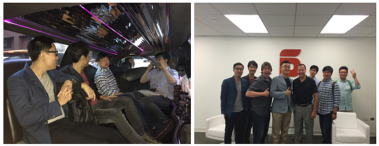 (왼쪽부터)6D Global Technologies와 미팅을 진행하기 위해 탑승한 리무진, 6D 미팅 담당자들과의 단체사진 (왼쪽부터)6D Global Technologies와 미팅을 진행하기 위해 탑승한 리무진, 6D 미팅 담당자들과의 단체사진
