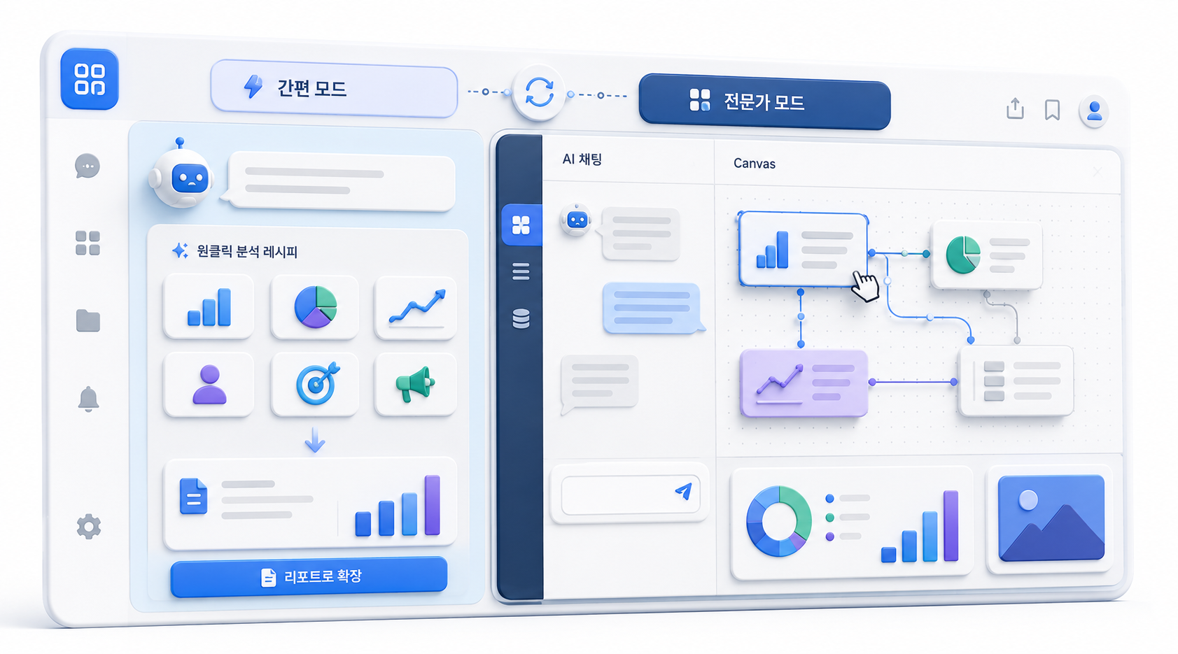 간편 모드와 전문가 모드로 나뉘는 AI 인사이트 스튜디오 워크스페이스 화면
