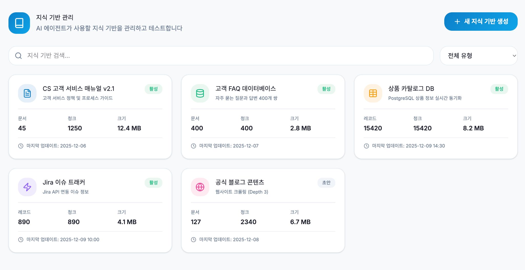 서비스 매뉴얼과 FAQ, 상품 데이터 등 지식 소스를 관리하는 ICE-AgentBuilder 화면